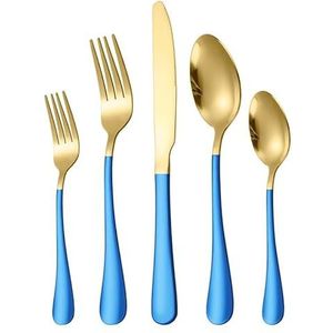 Bestekset van roestvrij staal, vorken, messen, eetlepels en theelepelbestek (Color : Blue and gold 5 piece set)