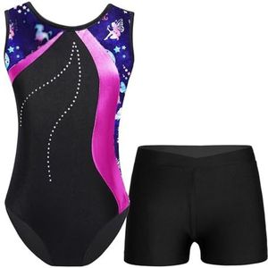 TIYGHI Turnpakje voor kinderen, meisjes, mouwloos, patchwork, bedrukt, turnpakje, met shorts, training, schaatsen, overall, danskleding, ballet, training, kostuum, Navy Blue Hot Pink, 10