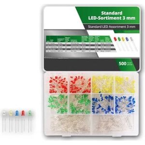 world-trading-net - 3mm light-emitting diode assortiment, set in 5 lichtkleuren, superheldere LED's, diffuse behuizing, voor parallelle of serieschakeling, 500 stuks