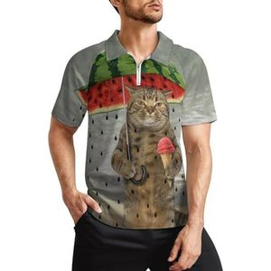 Leuke kat bedrijf watermeloen paraplu ijs heren golfpoloshirts klassieke pasvorm korte mouw T-shirt bedrukt casual sportkleding top M