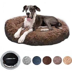 Pluizige Anti Stress Hondenmand, Wasbaar Verwijderbaar Kussen Rond Zachte Pluche Bank, Manden en Comfortabel Meubels voor Honden Kat (XXXL-120cm, Donkerbruin)