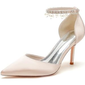 EICOFF Vrouwen Hoge Hak Bruiloft Schoenen Schoenen Parels Enkelriem Trouwschoenen Gesloten Puntige Teen Satijnen Gesp Bruids Naaldhak Partij Jurk Sandalen,Champagne,35 EU