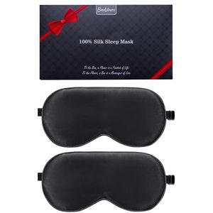 BeeVines Zijden slaapmasker, 2-pack 100% echt natuurlijk, puur zijden oogmasker met verstelbare riem, oogslaapmasker, voor zomerreizen Vermindert gezwollen ogen (02 Black & Black)