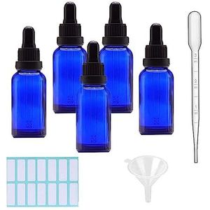 SKYPRO 5 Pack Blauwe Glazen Druppelfles met 1 Trechters & 1 Druppelaar & 14 stks/vel kleine fles stickers 20ml Glazen Flessen voor Etherische Oliën, Vloeistoffen