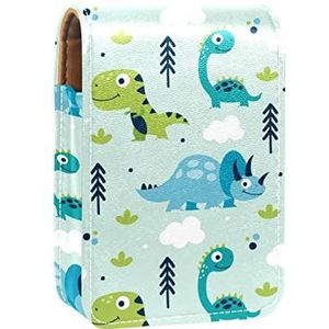 Cartoon Blauw Groen Dinosaurus Wolk Cartoon Lipgloss Houder Lippenstift Case Draagbare Mini Lipstick Opbergdoos Reizen Lip Organizer Case met Spiegel voor Vrouwen, Meerkleurig, 9.5x2x7 cm/3.7x0.8x2.7 in
