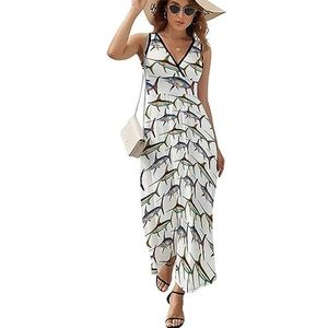 Zwaardvis patroon casual maxi-jurk voor vrouwen V-hals zomerjurk mouwloze strandjurk M