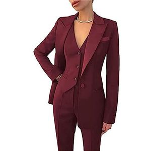 Damespakken voor kantoor, 3-delige formele blazer met één rij knopen, vest en broek, pakken voor zakelijke casual outfits, Bordeaux, S