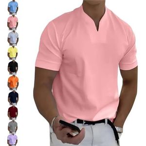 Herenoverhemden, 2024 heren heren zakelijk fitness-T-shirt met korte mouwen, sport-casual shirts met V-hals (Roze,5XL)