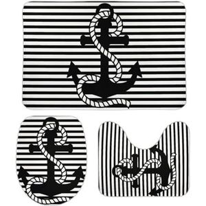 Badkamertapijt, set van 3 nautische zwart-witte strepen en zwart anker, gezellige U-vormige contourmat, duurzame toilethoes, antislip, 3 stuks badmatten
