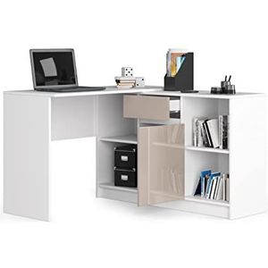 BDW 2-In-1 Bureau en Ladekast Set - Bureau Hoekbureau - Bureauhoek - Gaming Hoektafel - Bureau - Bureau Thuiskantoor - 120x79x129cm - Wit/Cappuccino Glanzend