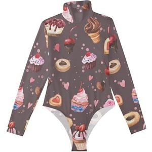LI ZHI XIN Rompertje met lange mouwen voor dames, lange mouwen, eendelige jumpsuit met rolkraag, turnpakje, top voor meisjes, dans, workout, fitness, bodysuit met cupcake-ijspatroon, Meerkleurig, S