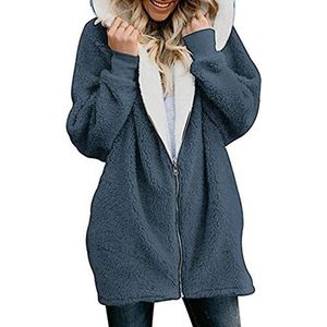 GAOHONGMEI Dames Winter Warme Rits Overjas Uitloper Hooded Fluffy Vest Jassen Oversized Lange mouw Casual Sweatshirt Jassen met Zak-Donkergrijs-5XL