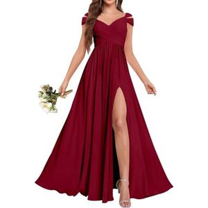 Chiffon bruidsmeisjesjurken voor dames, voor bruiloft, ruches avondgalajurken, cocktailjurken, grote maten, Bordeaux, 32