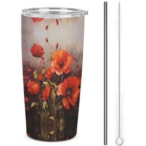 AQRJLPM Olieverfschilderij Rode Bloem Auto Cup Roestvrij Staal Tumbler met Stro en Deksels Lekvrij Geïsoleerde Roestvrij Staal Reizen Koffie Mok Pobtable voor Koude Warme Dranken Camping