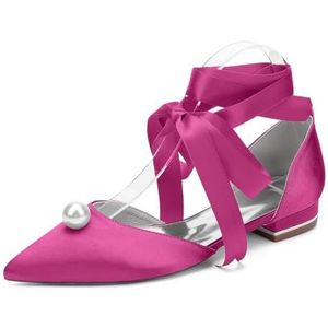 EICOFF Dames Puntige Teen Flats Pumps Vrouwen Lage Hak Parel Satijnen Sandalen Slip-op Bruiloft Bruids Feest Jurk Werkschoenen,Rose,36 EU