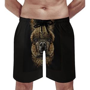 Alpaca lama portret heren strandshorts sneldrogende boardshorts mesh voering strandbroek sportschool zwembroek XS