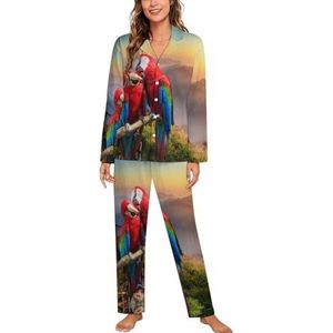 Rode en blauwe ara papegaaien pyjama sets met lange mouwen voor vrouwen klassieke nachtkleding nachtkleding zachte pyjama loungesets