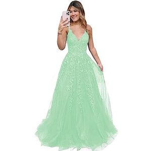 Avondjurken voor dames, V-hals, tule, lange A-lijn, applicaties, kant, baljurk, formeel voor tieners, munt, 38