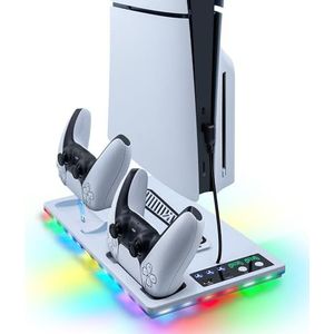 Wigearss Verticale houder voor PS5/PS5 Slim/PS5 Pro met koelventilatoren, multifunctioneel met RGB-licht, oplader voor controller en type-C en USB-poort