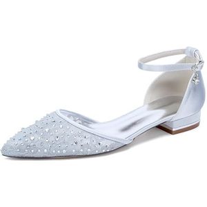 KYEGLO Puntige Satijnen Ballerina's Voor Dames, Instap Sandalen Met Strass Steentjes, Gesloten Bruidsschoenen Voor Dagelijks Gebruik, Feestjes En Bruiloften,Zilver,36