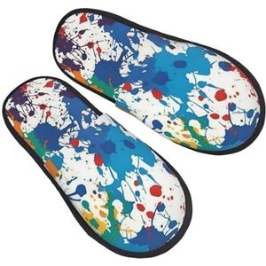 DJUETRUI Harige pantoffels voor mannen en vrouwen, antislip slippers, traagschuim pantoffels, patroon van verfspetters, warme comfortabele pluche schoenen, winterhuisschoenen voor binnen en buiten