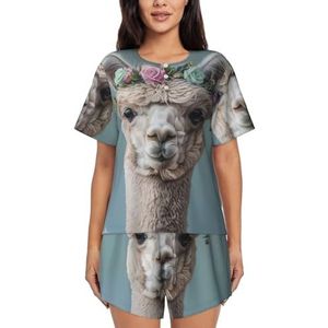 YJxoZH I Love Alpacas Print Dames Zomer Pyjama Sets Nachtkleding Dames Korte Mouw Nachtkleding Pjs Lounge Met Zakken, Zwart, XXL