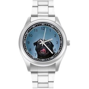 Close-up Een Mopshond Puppy Heren Roestvrij Stalen Horloges Quartz Horloge Gemakkelijk te Lezen Custom Gift voor Papa Vriend