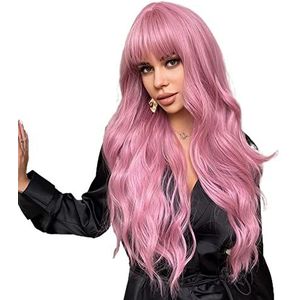 DieffematicJF Pruik Long Natural Wave Pink Wig With Bangs For Women's Synthetic Role Playing Party Daily Use Heat Resistant