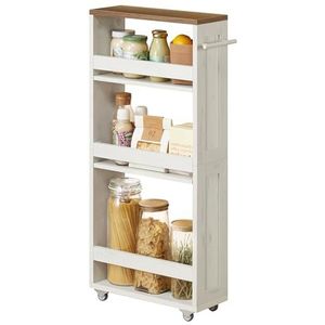 VASAGLE 4-laags smalle keukenwagen, nisplank op wielen, handgreep, voor kleine ruimtes, 15 x 43,2 x 86,5 cm, badkamer, wasruimte, vintage wit-honingbruin LRC050K01
