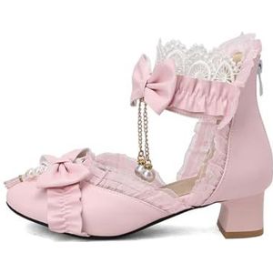 Klassieke, elegante, schattige lente- en zomerschoenen voor dames, hoge hakken, Mary-Jane-pumps, party, bruiloft, wit, roze, zwart, parelketting, strik, prinses, cosplay, Lolita-schoenen, roze, 40 EU