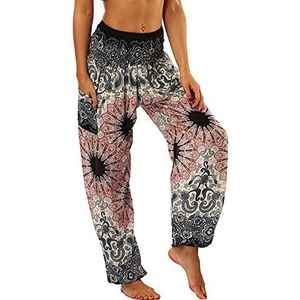 Nuofengkudu hippiebroek voor dames, harembroek, boho-patroon, gesmokte taille met zakken, vrijetijdsbroek, zomerbroek, yogabroek, grijs, gebloemd, Eén maat