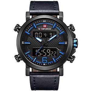 NAVIFORCE Analoge Digitale Waterdichte Mannen Sport Dual Display Horloges Chronograaf Quartz Leer, Blauw, riem