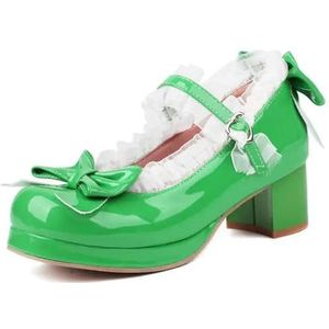 Modieuze leuke gothic Lolita pumps voor vrouwen ronde teen blokhak 5 cm platform elegante gesp riem strik kant zoete meisjes schoenen, groen, 36 EU
