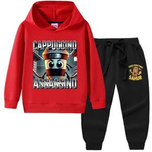 MAOXITCATY Kinderhoodie en broek tweedelig setje, met een cabucina assasino bedrukte hoodie, geschikt voor de lente en herfst.,Rood,100cm