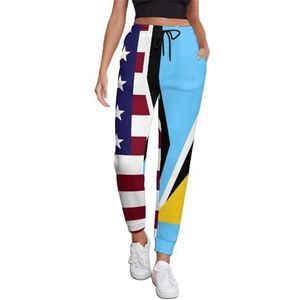 American And Saint Lucia Flag Joggingbroek voor dames, hardloopbroek, joggingbroek, casual broek, elastische taille, lang met zakken