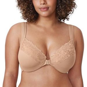 DELIMIRA Dames Voorsluiting BH met beugel Kant Large Size Volledige cups zonder inzetstukken Warm Beige 75G