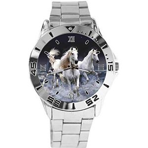 Flying Pure White Horse Design Analoge Polshorloge Quartz Zilveren Wijzerplaat Klassieke Roestvrij Stalen Band Dames Heren Horloge