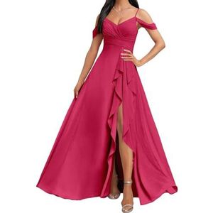 HPPEE Koude Schouder Bruidsmeisjes Jurken met Split Ruches A-lijn Chiffon Formele Avondfeestjurk, roze (hot pink), 32