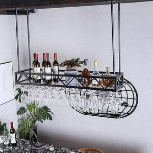 Wijnrekken Hangend wijnrek met glazen rek en plank, verstelbaar metalen plafondwijnglasrek, moderne minimalistische stijl, keuken Plafondplank (Color : Noir, Size : 60cm x 30cm x 20cm)