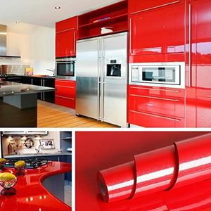 Glans Rood Behang Zelfklevende Vinyl Stickers Sticky Back Plastic Decoratief Contact Papier voor Keuken Teller Meubels Wrap Keuken Kast Deuren Meubels Wrap Verwijderbare Waterdicht 40 CMx2M
