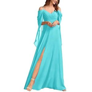 Bruidsmeisjesjurken met blote schouders en split geplooide chiffon V-hals bruidsmeisje formele jurk, Turkoois, 56 NL/Plus