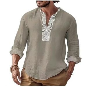 Linen Shirts Men Mens Cotton Linen Shirt Solid Long Sleeve Print Tops Spring Autumn Casual Shirts Pullover For Men-Khaki-L