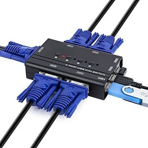 TCNEWCL USB VGA KVM-switch met 4 kabels, 4-poorts selectieschakelaar voor 4 PC delen één videomonitor en 3 USB-apparaten, toetsenbord, muis, scanner, printer