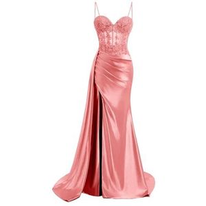 KIYNE Spaghetti Strap Satijn Galajurken met Split Kant Applique Zeemeermin Baljurk Floor Lengte Corset Formele Jurk, Koraal, 32