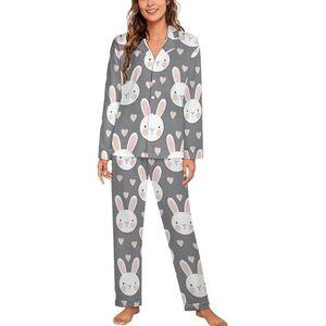 Bunny Face And Hearts Dames Lange Mouw Button Down Nachtkleding Zachte Nachtkleding Lounge Pyjama Set L