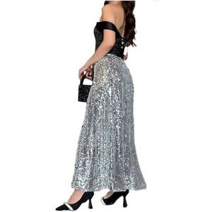 Pailletten rok mode pailletten hoge taille lange rok vrouwen patchwork elegante glitter slanke effen club lange rok casual dames maxi rok (grijs, M)