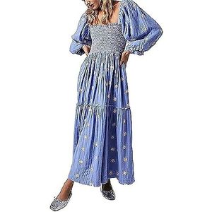 Maxi-jurk voor dames, herfstbloem, geborduurde maxi-jurk, vierkante hals, lantaarnmouwen, ruches, Boheemse swing, A-lijn, lange jurk, Blauw, M