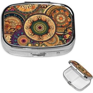 Pillendoos, etnische cirkels, bloemenpatroon, 2 vakken, kleine pillendoos voor portemonnee of tas, reis-pillendoos, draagbare pillendoos, vitamine-organizer