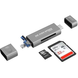 JJC Metalen SD-kaartlezer voor iPhone, Lighting USB C 3.0 USB A 2.0 Kaartlezer Viewer Card Reader voor SD Micro SD TF, Geheugenkaarten Adapter voor iPhone 15 14/13/12/11 (Grijs)