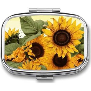 Zonnebloemen bloemen pillenetui met 2 compartimenten, pillenorganizer, draagbare vierkante pillendoos, vitaminepillenorganizer voor zakportemonnee en reizen